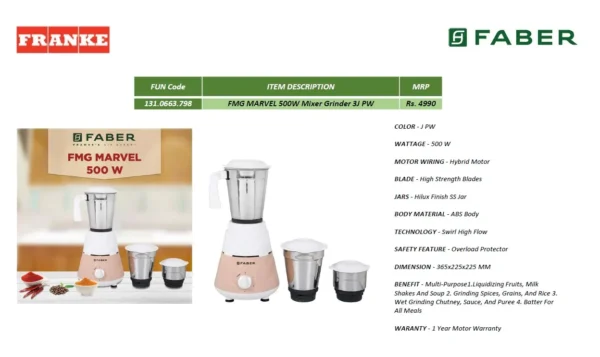 Faber FMG MARVEL 500W Mixer Grinder 3J PW