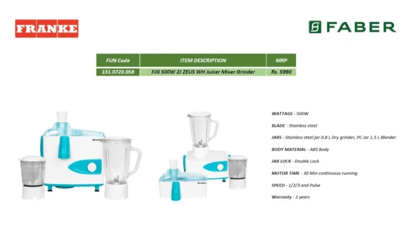 Faber FJG 500W 2J ZEUS WH Juicer Mixer Grinder