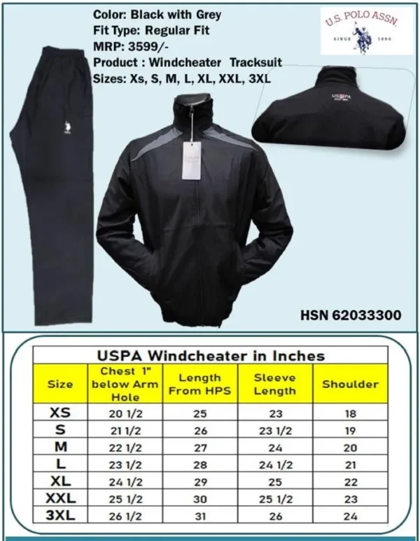 U.S. Polo Regular Fit Windcheater Tracksuit- Black with Grey