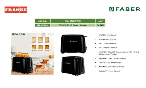Faber FT 750W BK LID Toaster (Pop-up)