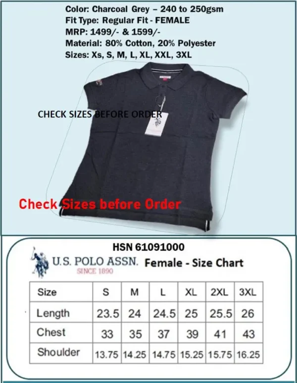 U.S. Polo Regular Fit Female T-Shirt- Charcoal Grey