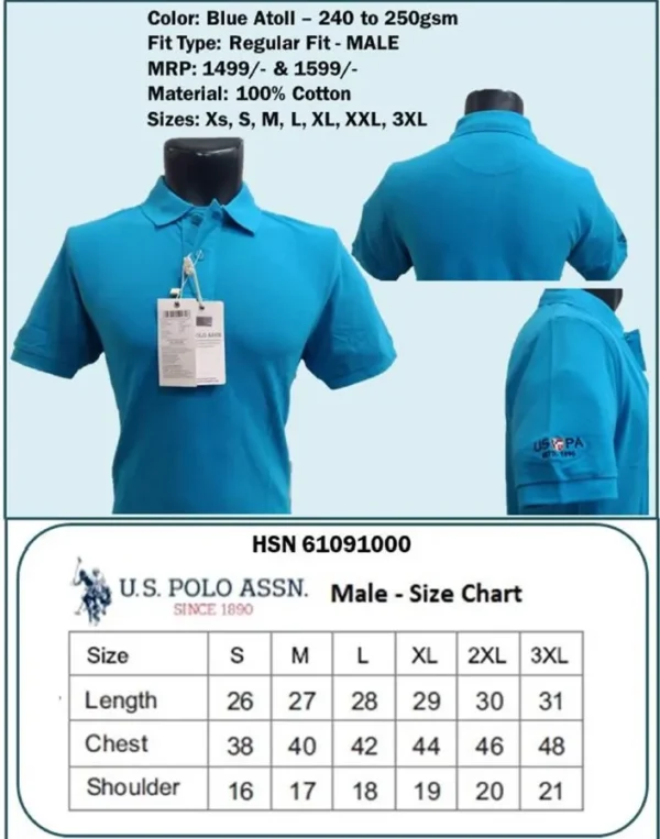 U.S. Polo Regular Fit Male T-Shirt- Blue Atoll