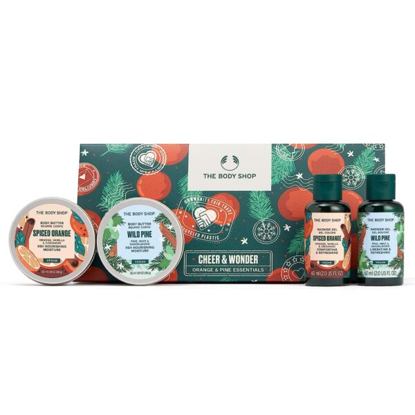 The Body Shop Cheer & Wonder Orange & Pine Essentials Gift Set – Festive Holiday Skincare Kit – Vegan – 4 Items