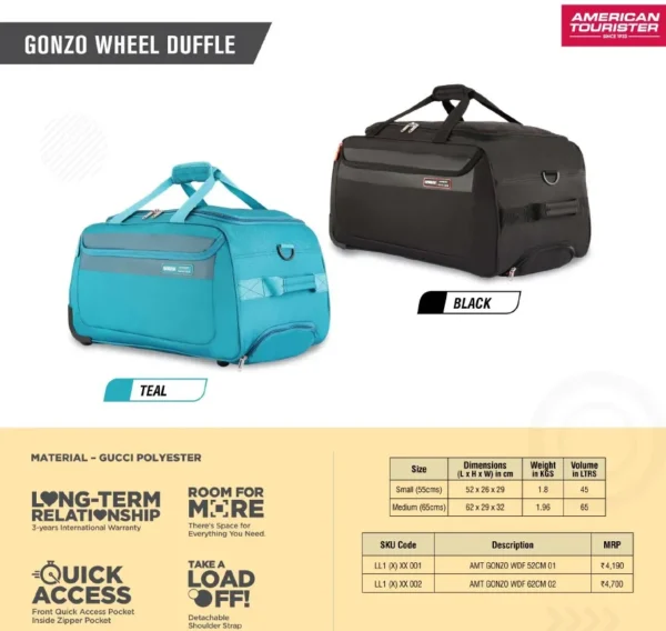 American Tourister- GENZO WHEEL Duffle WDF- 62 cms LL1 002