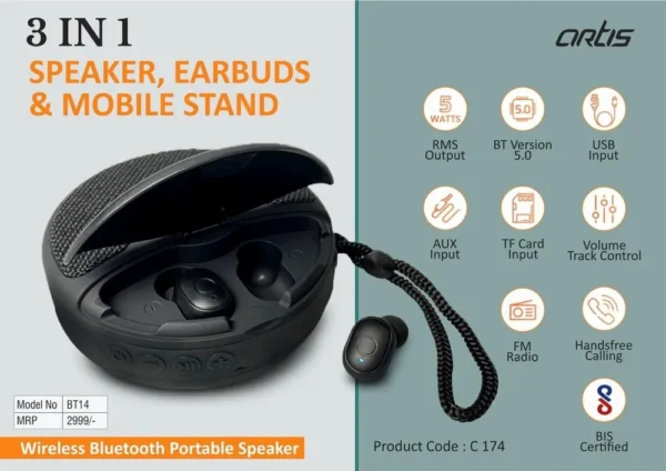 Artis-Artis BT14 Speaker With Earbuds And Phone Stand