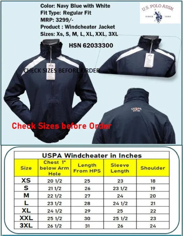U.S. Polo Regular Fit Windcheater Jacket- Navy Blue with White